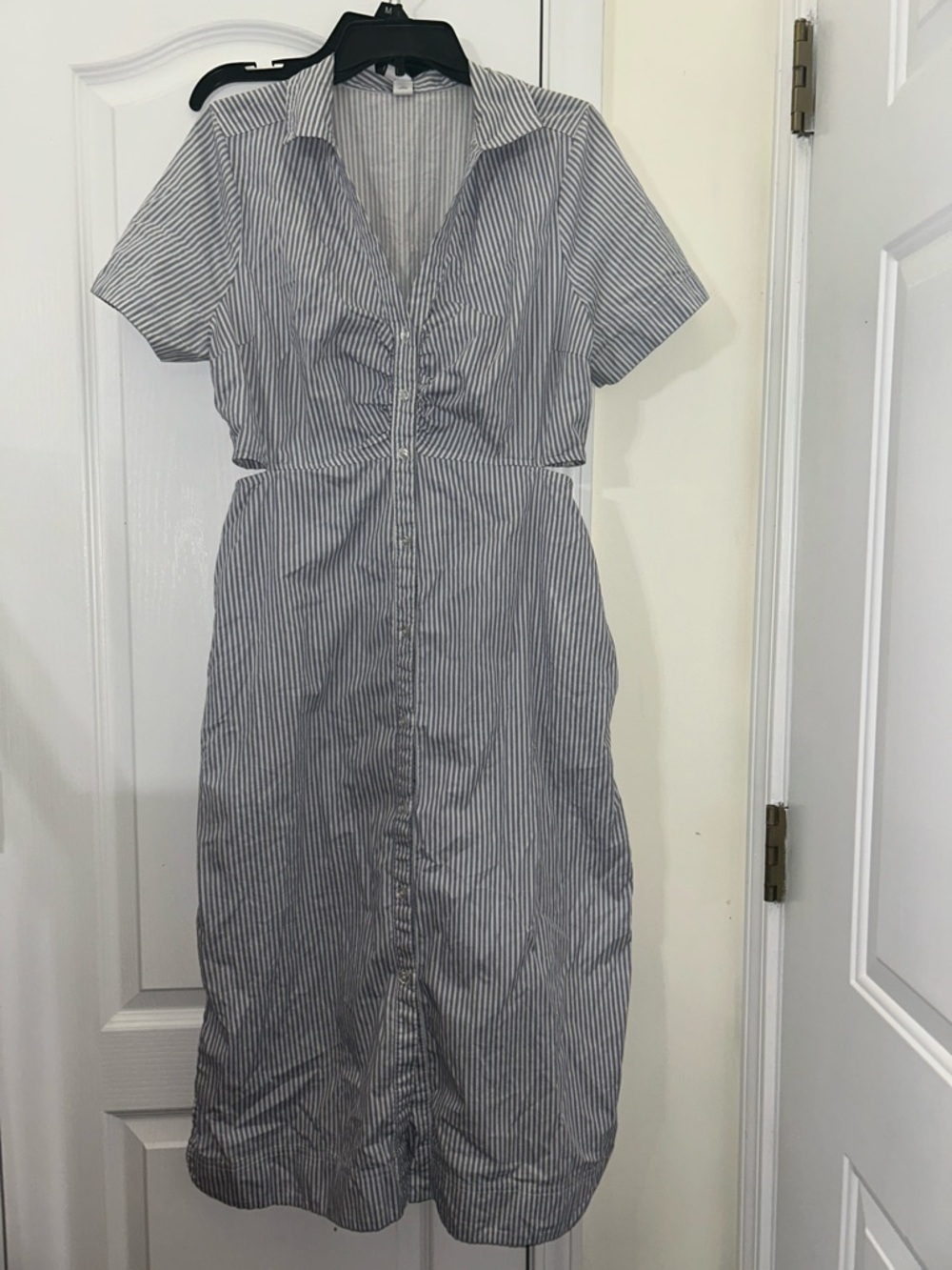 Striped Button-Front Short Sleeve Dress - blue/White